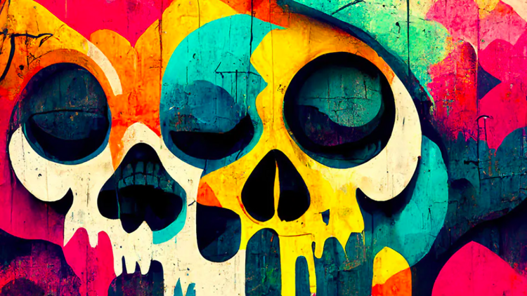 A painting of rainbow skulls