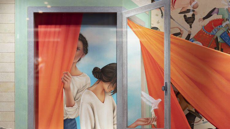 A painting depicting two women through an open window.