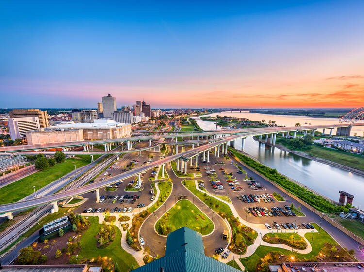 Memphis, Tennessee, USA aerial skyline view with downtown and Mud Island.