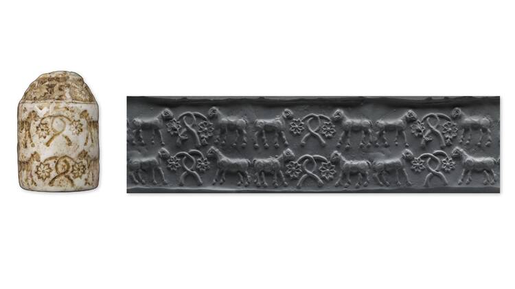 Cylinder seal (and modern impression) with sheep and stylized plants Mesopotamia, SumerianLate Uruk–Jemdet Nasr period, ca. 3300–2900 BC, Marble.