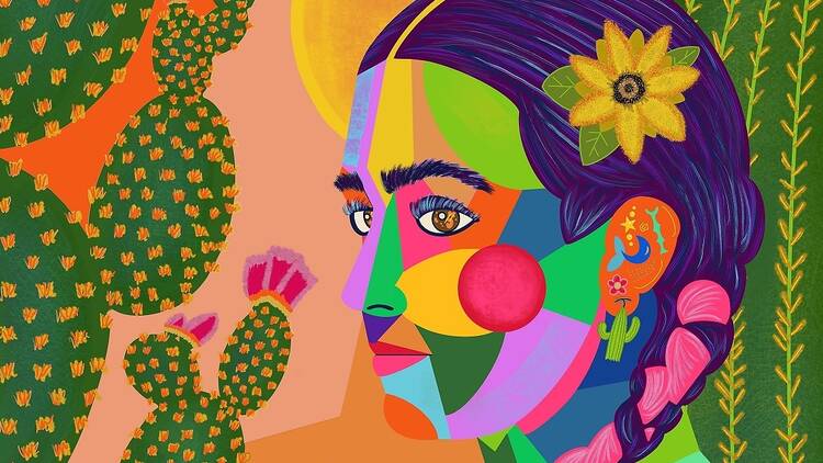 A colorful mixed media image of a woman with cacti behind her.