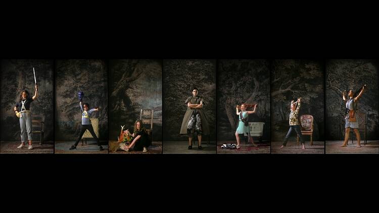 A tableau of girls and women in a video-based artwork 