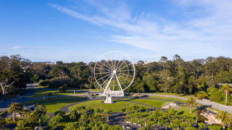 aerial photography of golden gate park, with a ferris wheel and the museum