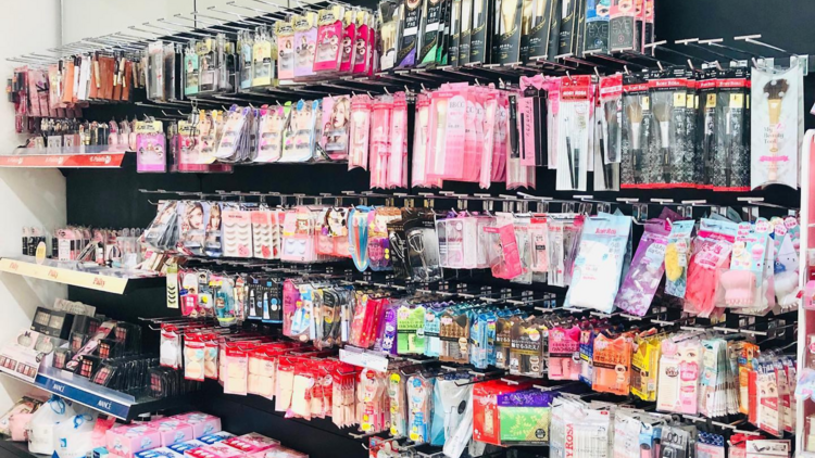 A rack of Korean beauty, skincare and personal care products.