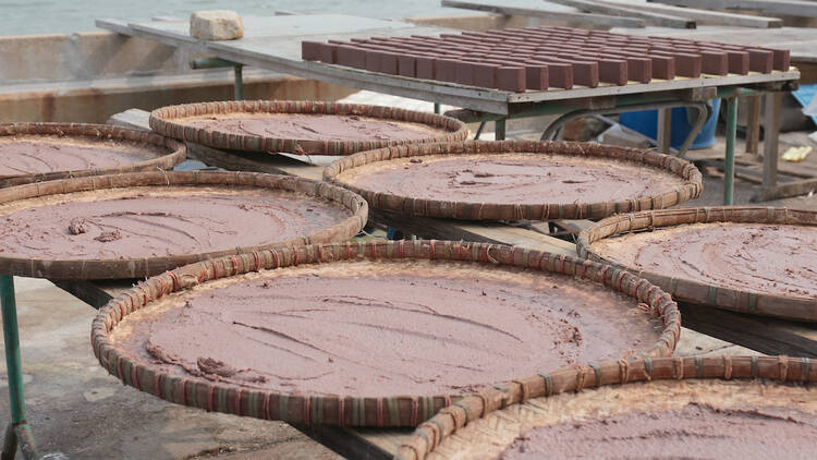 Shrimp paste being dried under the sun in Tai O of Hong Kong 