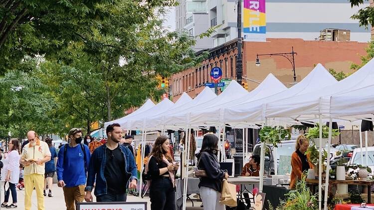 Tents set up for the Myrtle Avenue Artists Market. Tents set up for the Myrtle Avenue Artists Market.