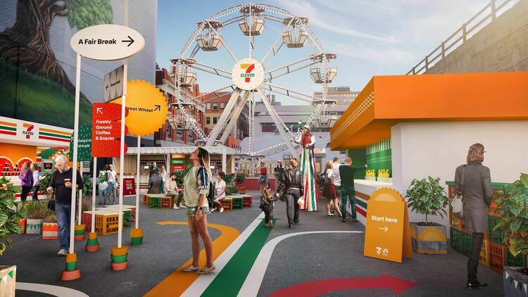 A render of a 7-Eleven-themed carnival with a Ferris wheel.