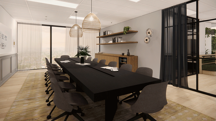 A render of a co-working space's board room. 