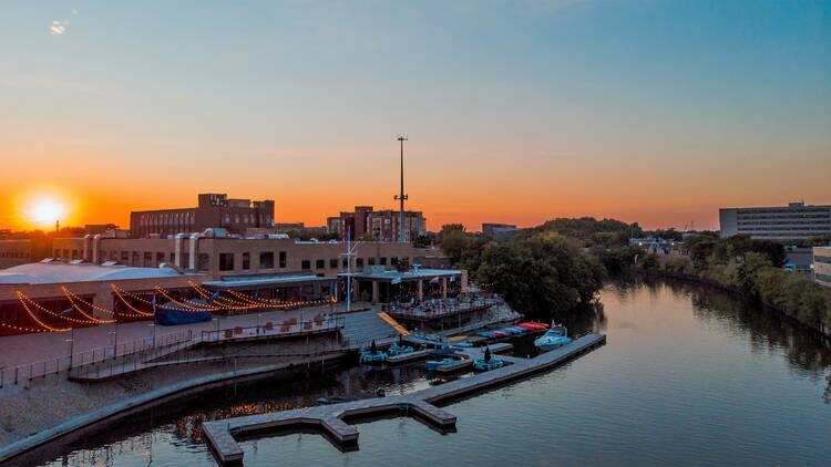 The pier at Rockwell on the River at sunset