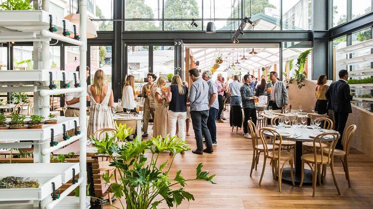 A dozen of people are standing up, drinking and talking inside the Glasshouse