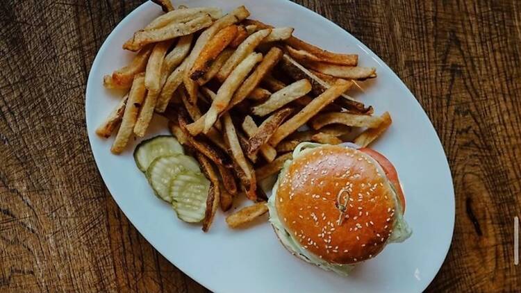 A plate of burger and fries.