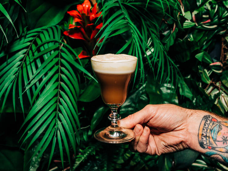 Hot Buttered Rum in front of green plants