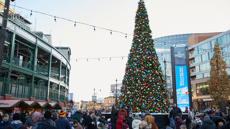 A large Christmas tree and crowds at Winterland at Gallagher Way