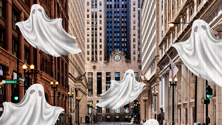 Ghost illustrations overlaid on an image of an empty Chicago street