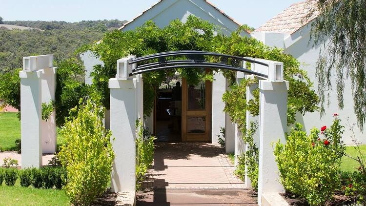 Credaro Wines Tuscan-style white-washed cellar door, surrounded by lush green plants and flowers