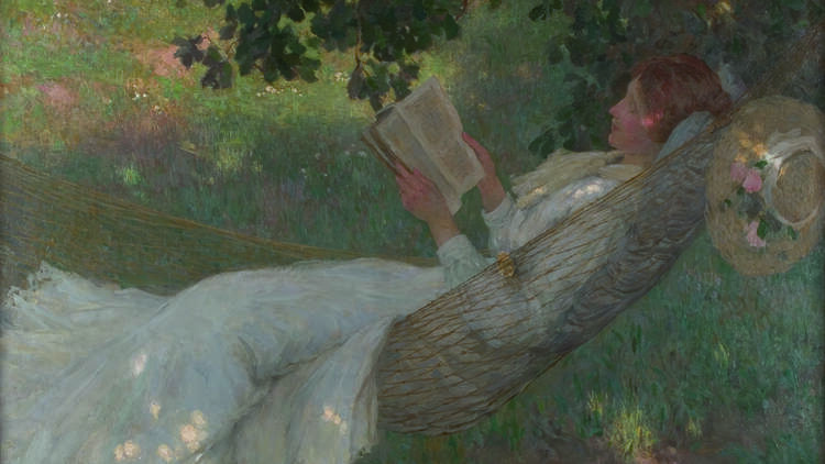 A woman lying on a hammock reading a book is painted in an impressionist style.