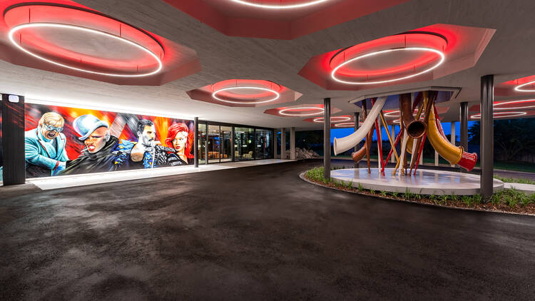 Murals of famous musicians painted on the exterior of Five Hotel Zurich.