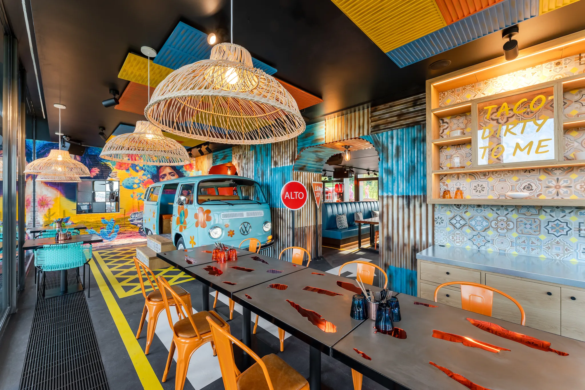 A colourful interior at Soul Street restaurant in Five Hotel Zurich.