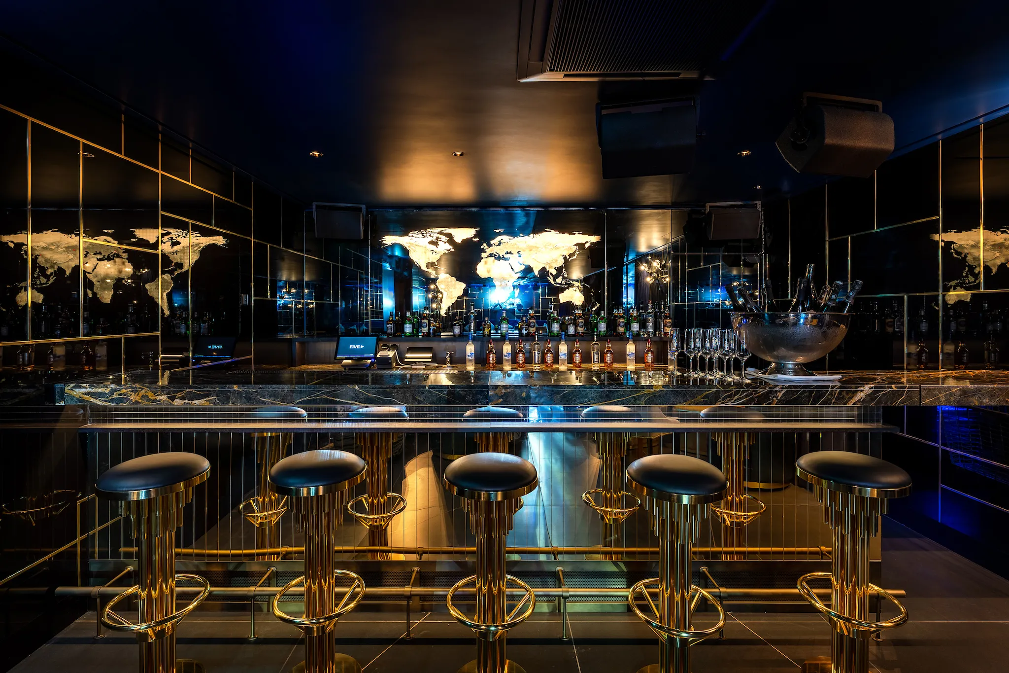A luxurious bar at The Penthouse restaurant and club in Five Hotel Zurich.