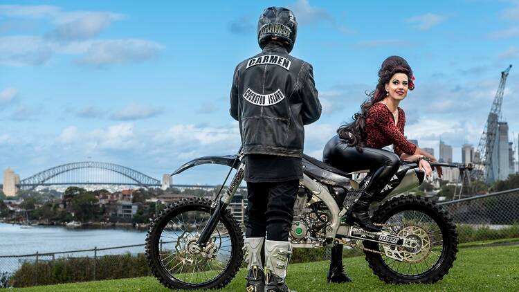 Carmen on a motorbike on Cockatoo Island 