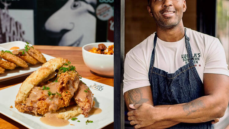 L: A plate of fried chicken R: Chef Darnell Reed 