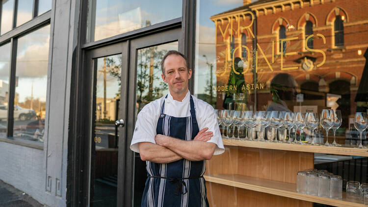 Chef Damien Jones standing in front of Mr Jones Dining, his restaurant in Ballarat.