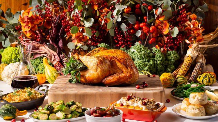 A turkey and a variety of holiday dishes.