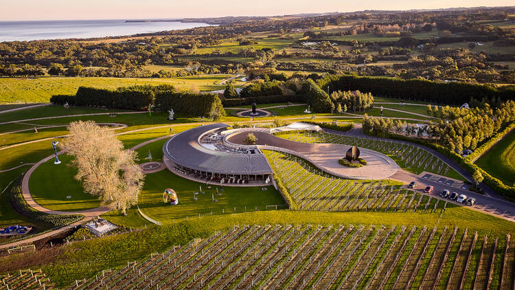 A birds eye view of Pt. Leo Estate with extensive vineyards, and a large circular shaped restaurant in the centre