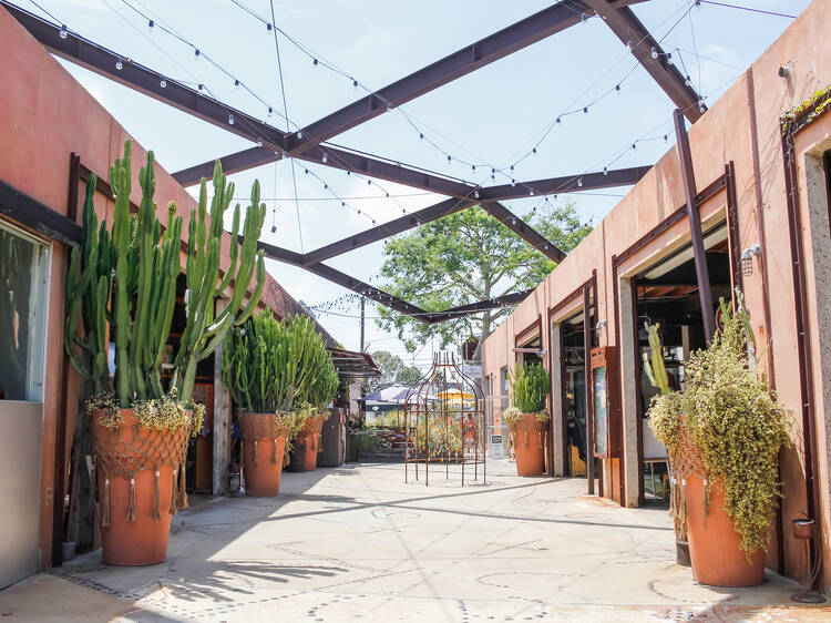 Costa Mesa, California/United States - 07/30/2019: A look at a rustic corridor at the anti mall known as The Lab 