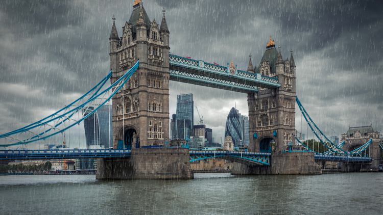 Tower Bridge in London on a grey rainy day