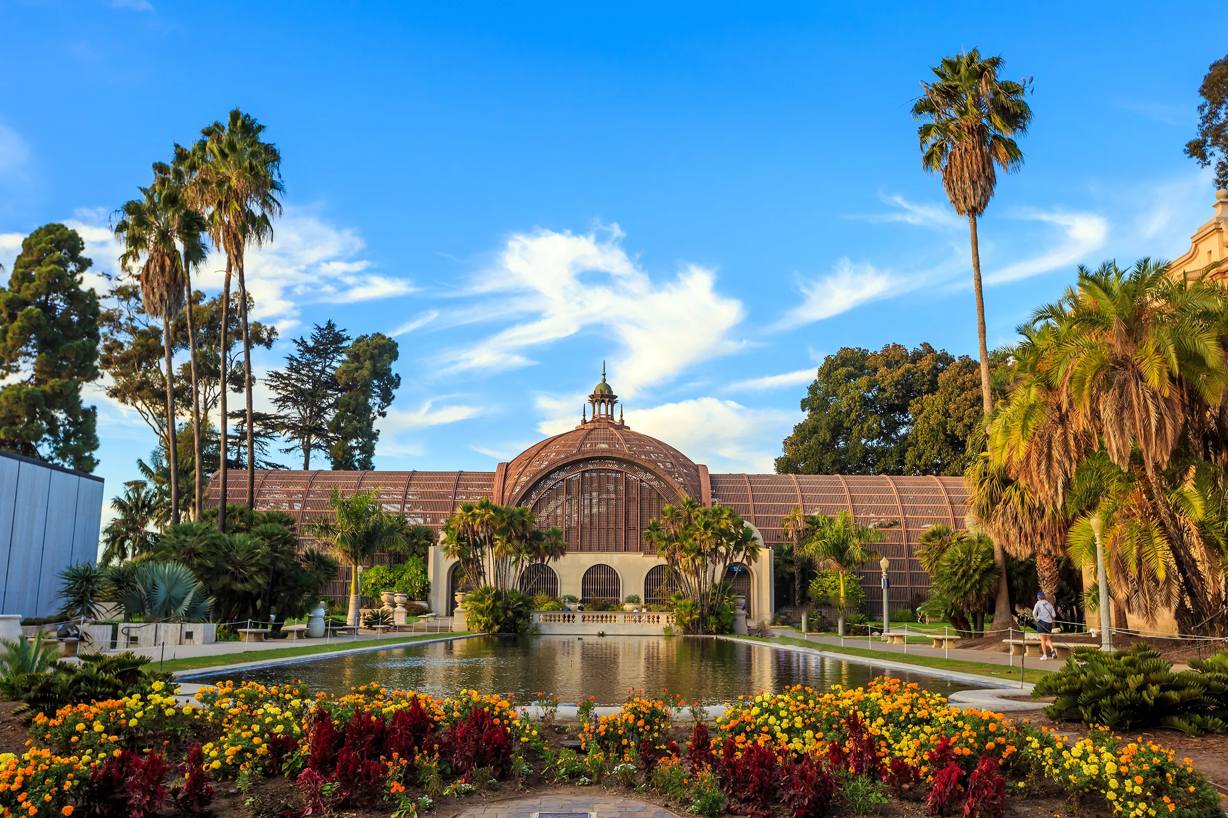 243877972; Balboa park Botanical building and pond San Diego, California USA