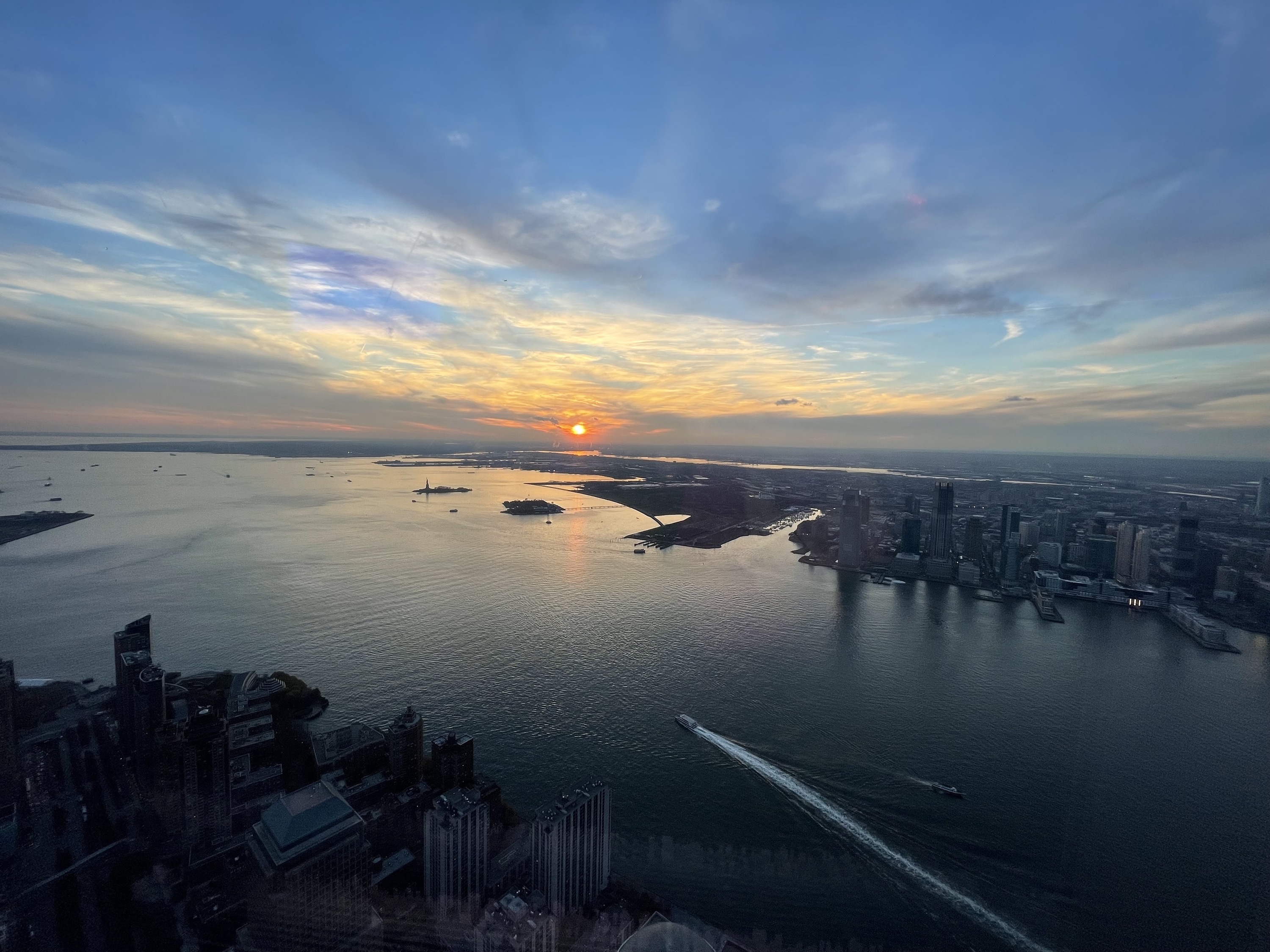 A view of the Hudson River and Statue of Liberty from One World Trade.
