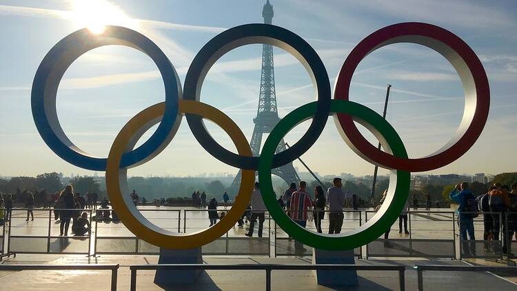 Paris 2024 Olympics: Olympic rings in front of the Eiffel Tower