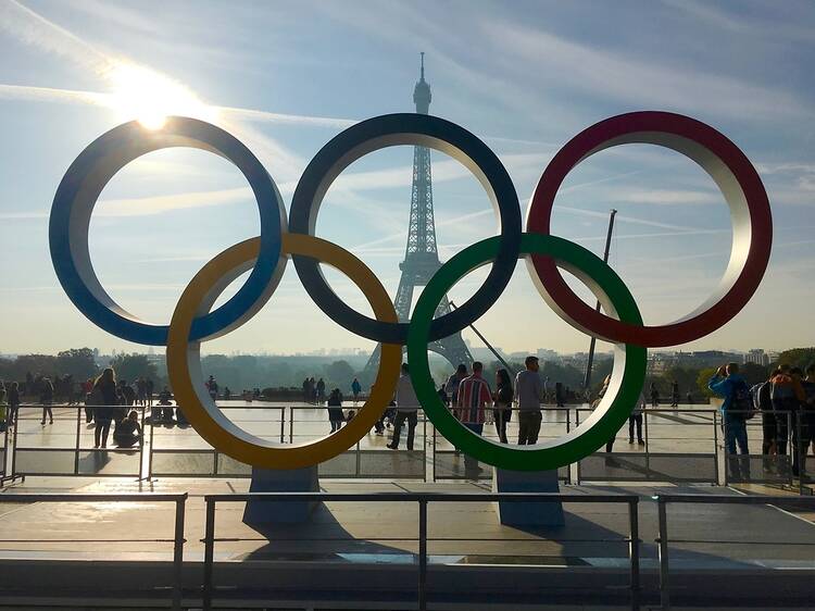 Paris 2024 Olympics: Olympic rings in front of the Eiffel Tower