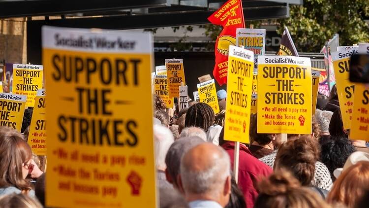 A protest showing signs 'Support the Strikes'