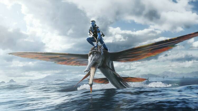 An alien rides agiant flying fish in Avatar: The Way of Water