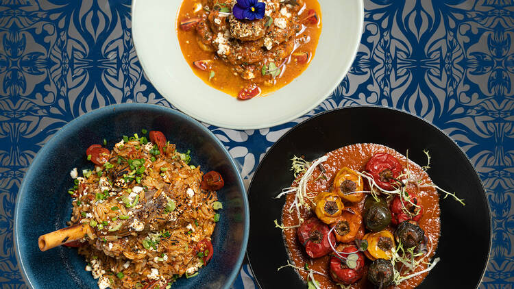 Greek Style Gemista, Prawn Saganaki, Greek Style Lamb Shank bushra