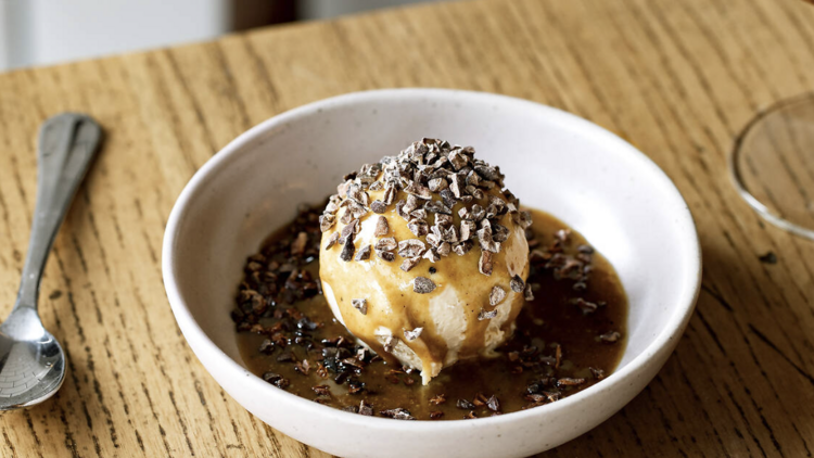 The Nook’s hazelnut praline parfait with miso butterscotch and cocoa nibs