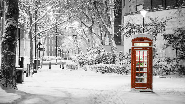 Snow on a street in London
