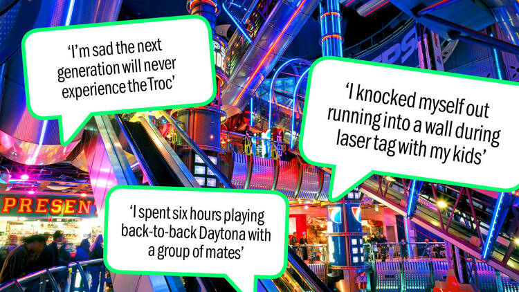 Quotes from readers are placed over an image of the Trocadero's escalator illuminated by neon lights