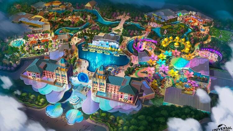 An artist's rendering shows an aerial view of the planned theme park with bright buildings, rides and walkways surrounding a giant pool with fountains.