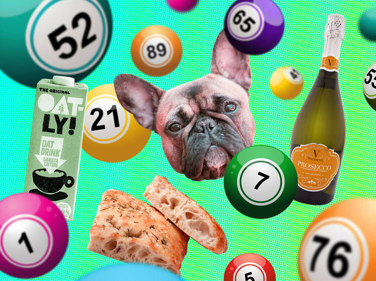 A collage showing Oat milk and bingo balls 