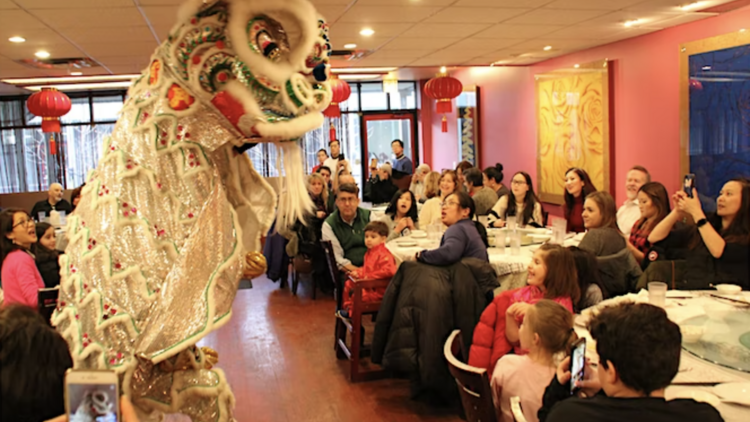 A lion dance in a restaurant