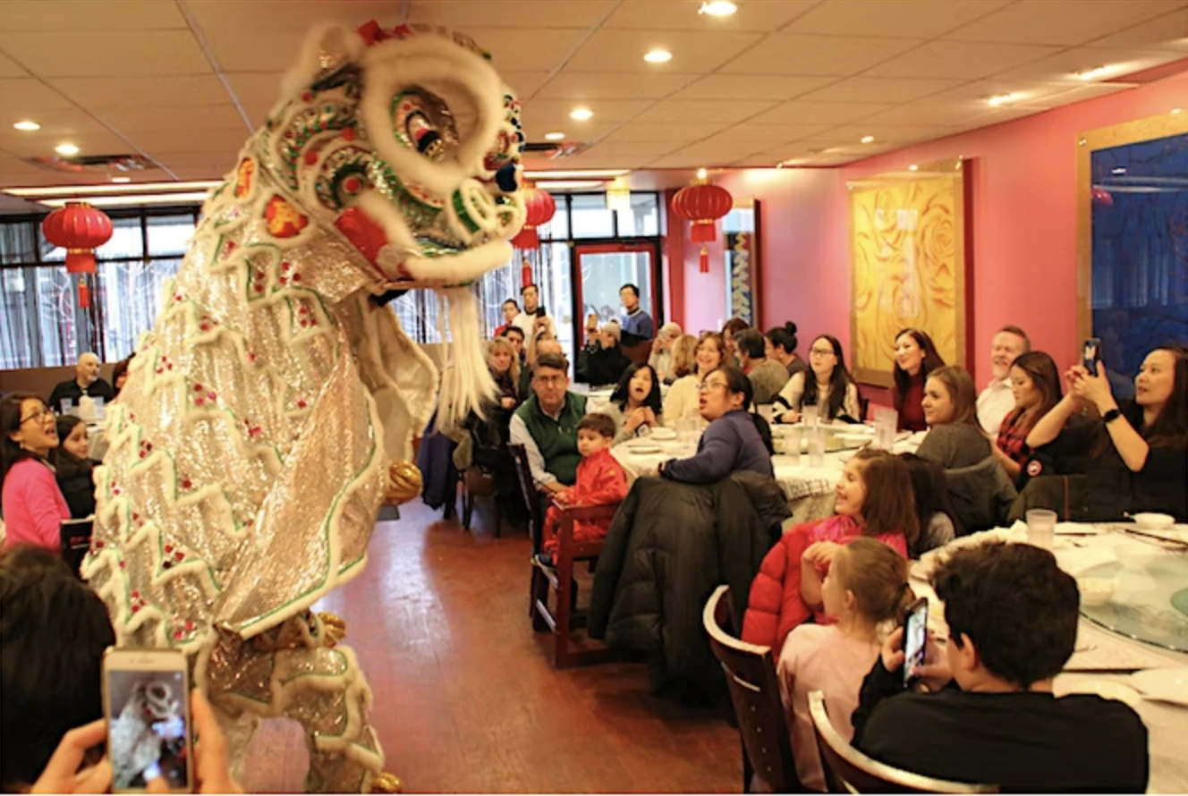 A lion dance in a restaurant