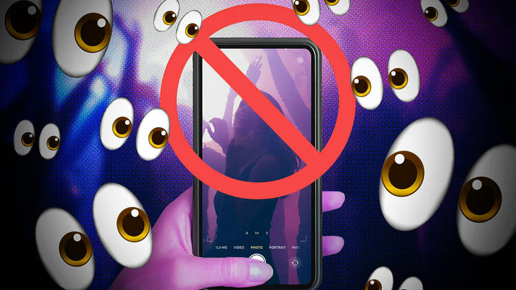 A phone showing someone dancing in a club, with a red cross through it. Frame is filled with looking eye emojis. 