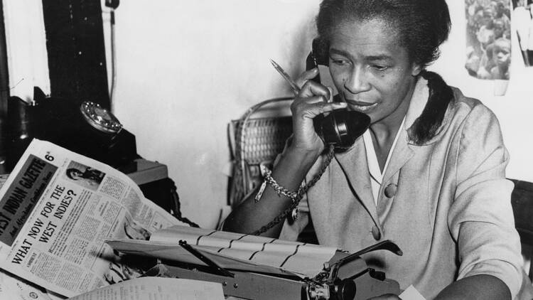 Trinidad-born journalist and activist Claudia Jones (1915 - 1964) at the offices of The West Indian Gazette 