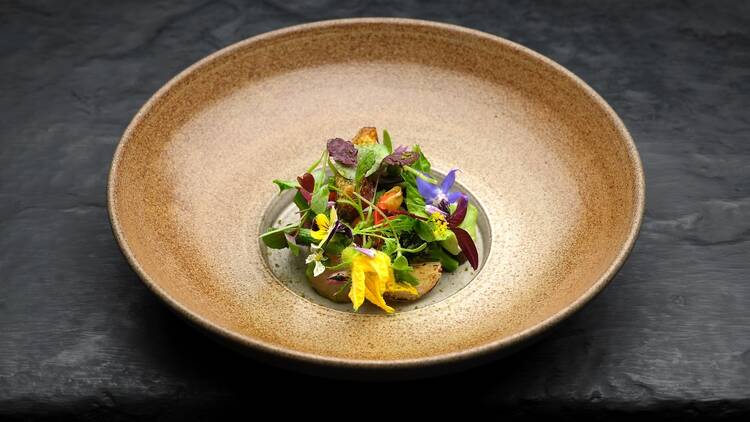 A pretty dish at L'Enclume with edible flowers