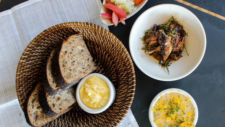 Bread, pickles, butter and chicken livers at Dunsmoor