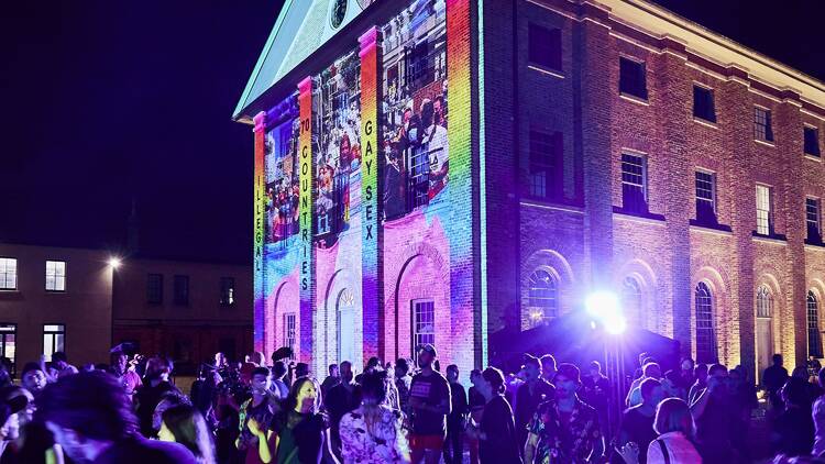 The outside of Hyde Park Barracks with rainbow lights