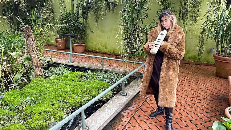 A woman plays an instrument inside Brooklyn Botanic Garden.